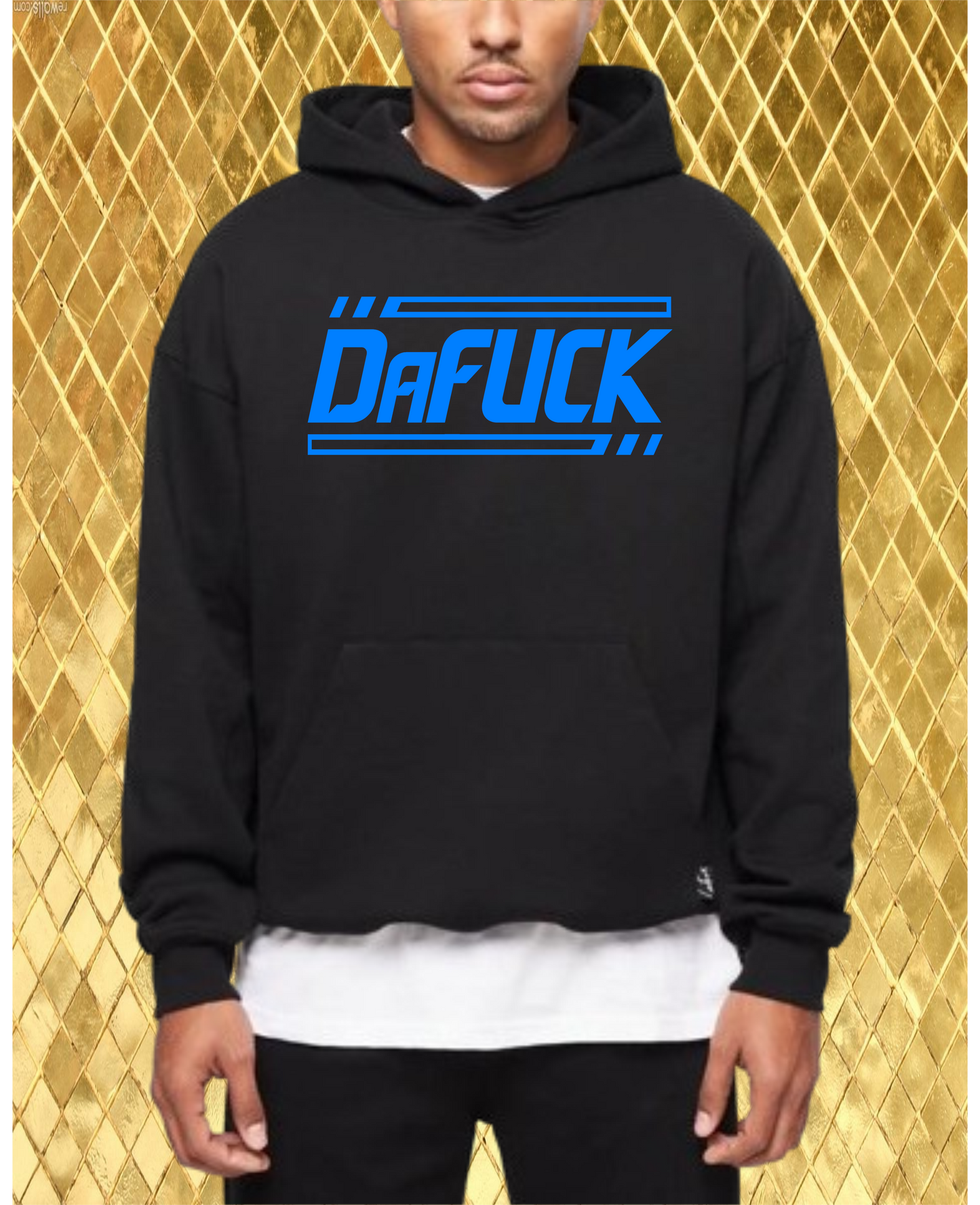 CLASSIC BLACK DaFUCK HOODIE WITH A CHOICE OF WHITE, RED OR BLUE PRINT