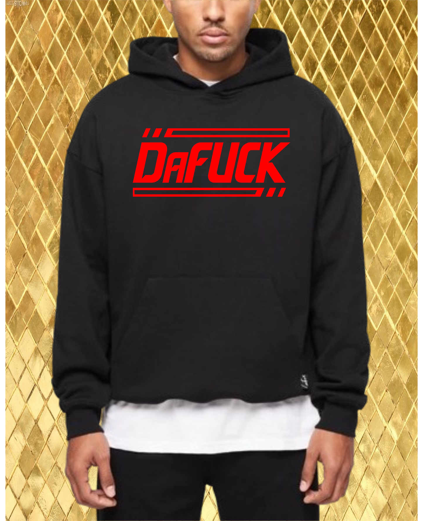 CLASSIC BLACK DaFUCK HOODIE WITH A CHOICE OF WHITE, RED OR BLUE PRINT