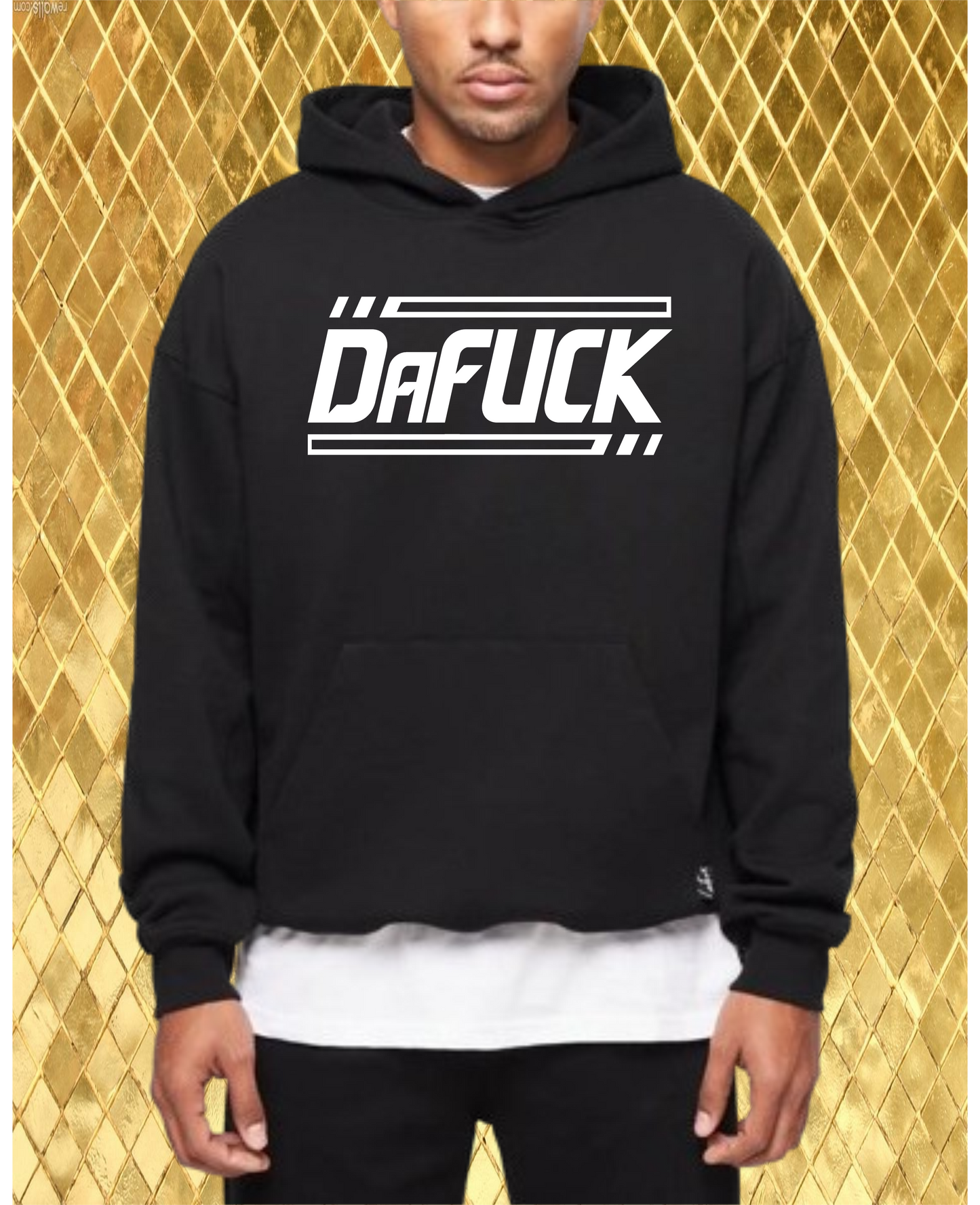 CLASSIC BLACK DaFUCK HOODIE WITH A CHOICE OF WHITE, RED OR BLUE PRINT