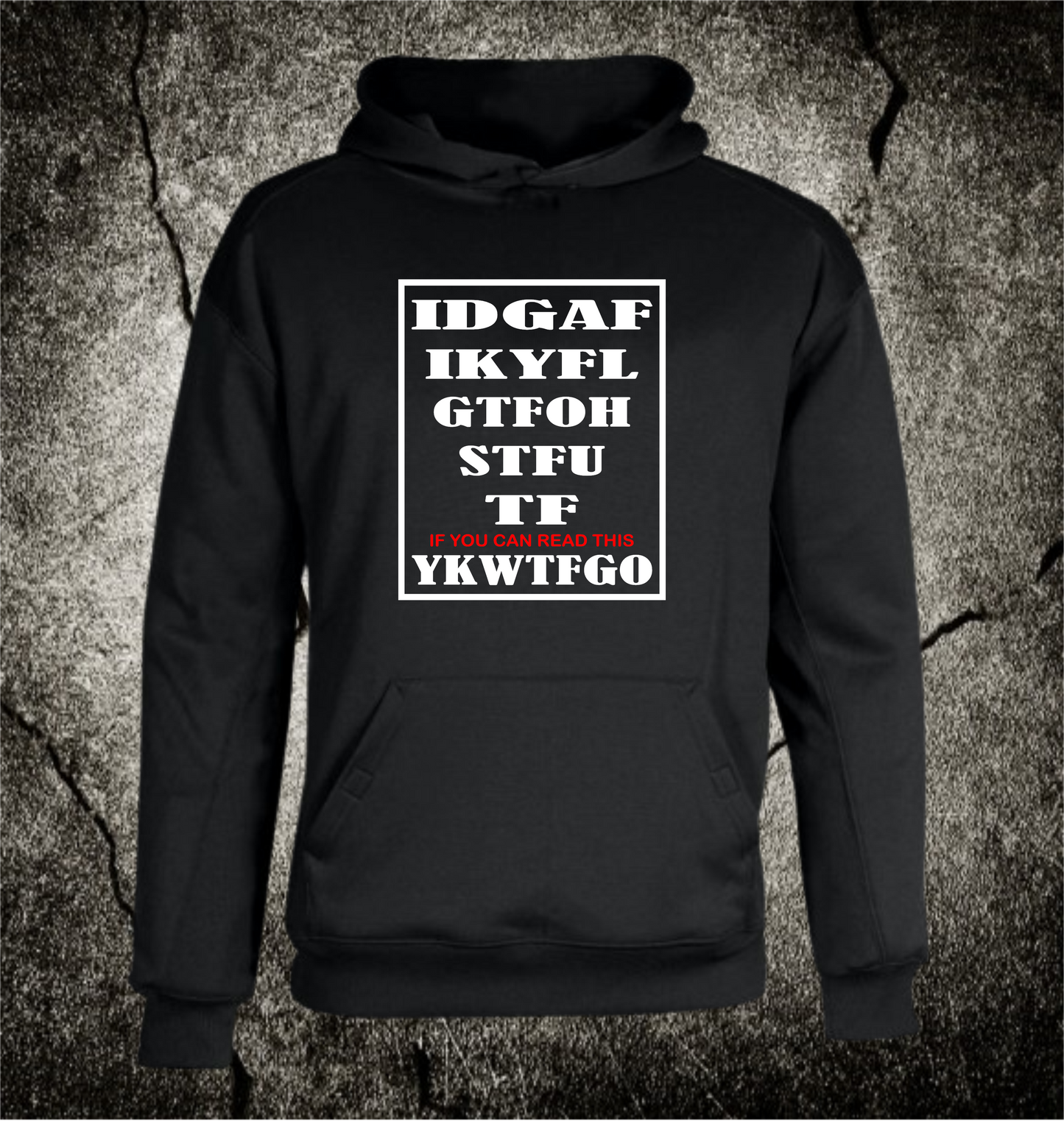 EYE TEST HOODIE. TRADITIONAL BLACK HOODIE WITH (RED OR WHITE) PRINT